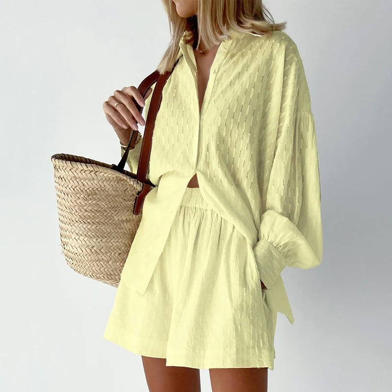 Women’s Textured Two-Piece Set with Button-Up Shirt and Relaxed Shorts