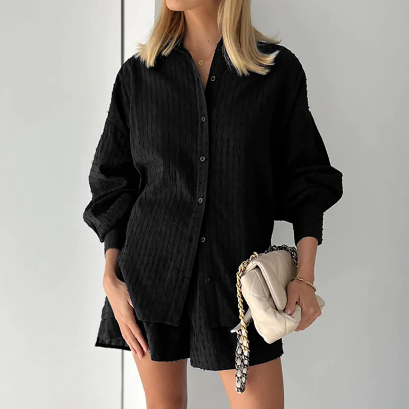 Women’s Textured Two-Piece Set with Button-Up Shirt and Relaxed Shorts