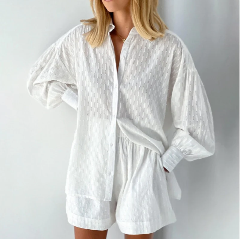 Women’s Textured Two-Piece Set with Button-Up Shirt and Relaxed Shorts