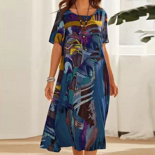 Women’s Relaxed Fit Midi Dress with Short Sleeves and Round Neck