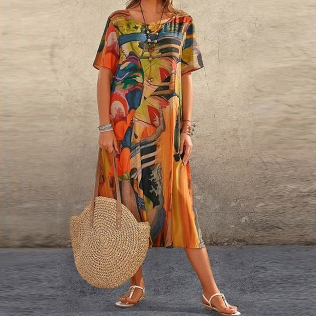 Women’s Relaxed Fit Midi Dress with Short Sleeves and Round Neck
