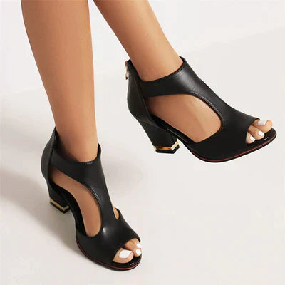 Women’s Peep Toe Block Heel Sandals with Cutout Design