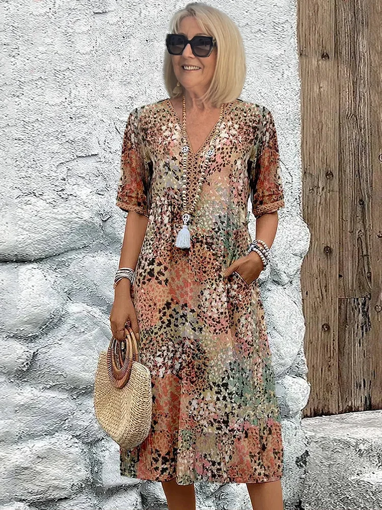 Women’s Casual Printed V-Neck Midi Dress