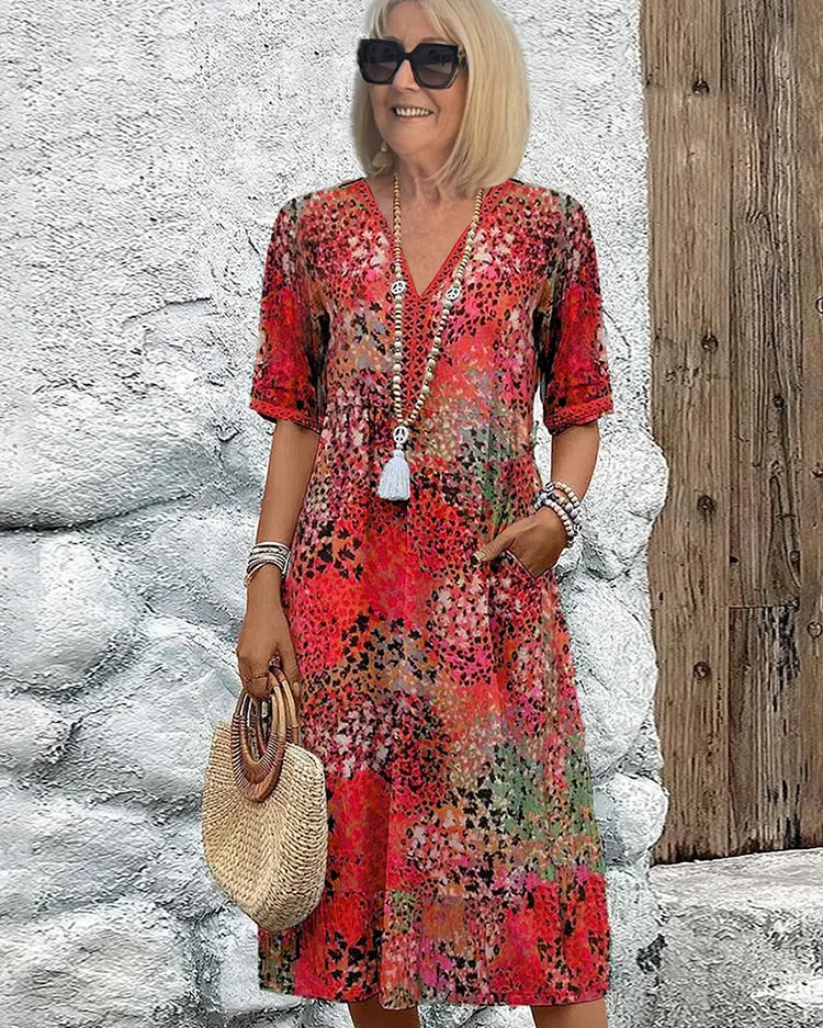 Women’s Casual Printed V-Neck Midi Dress