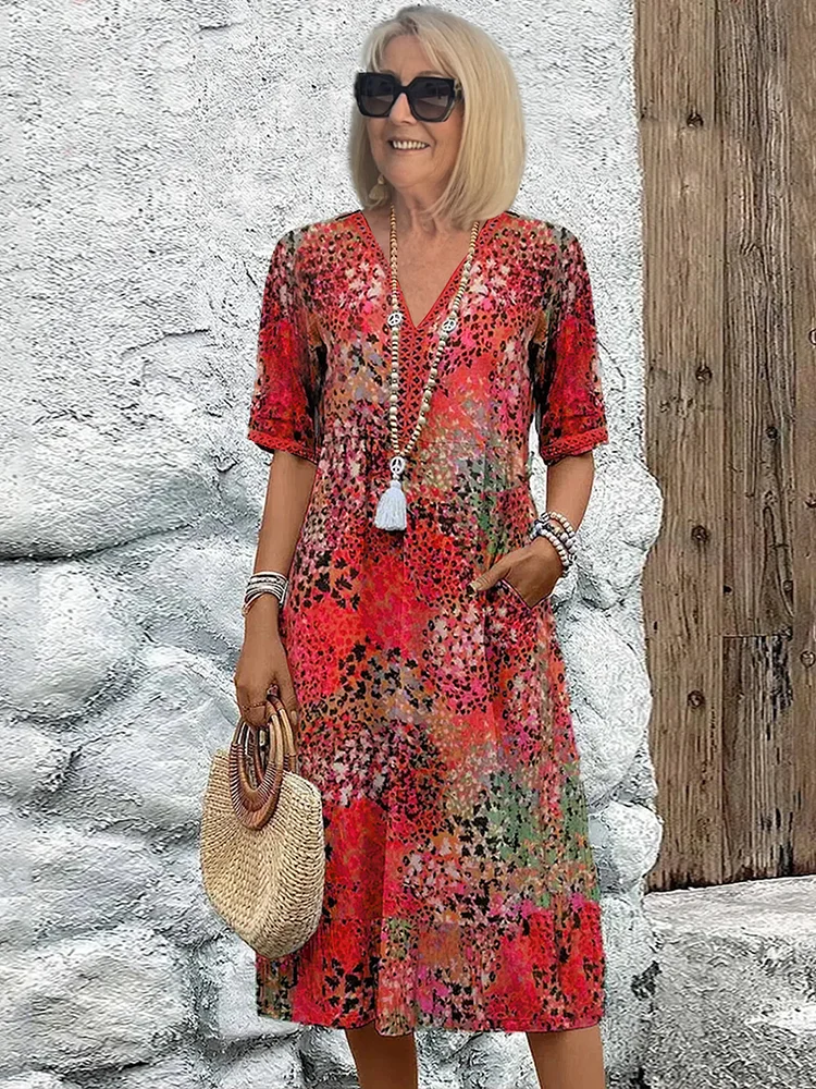 Women’s Casual Printed V-Neck Midi Dress