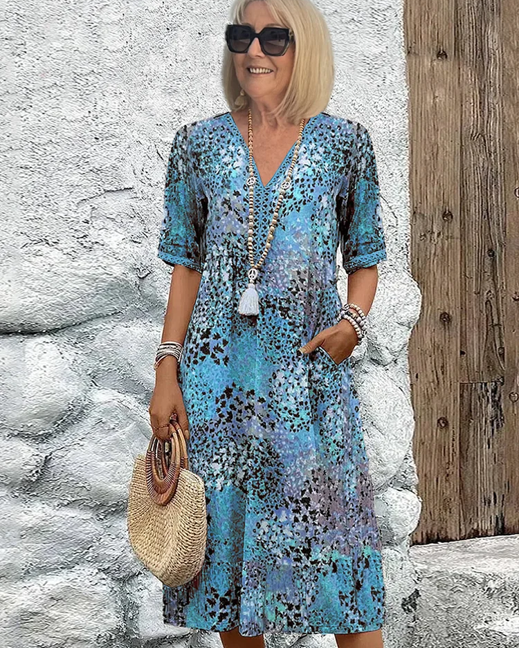 Women’s Casual Printed V-Neck Midi Dress