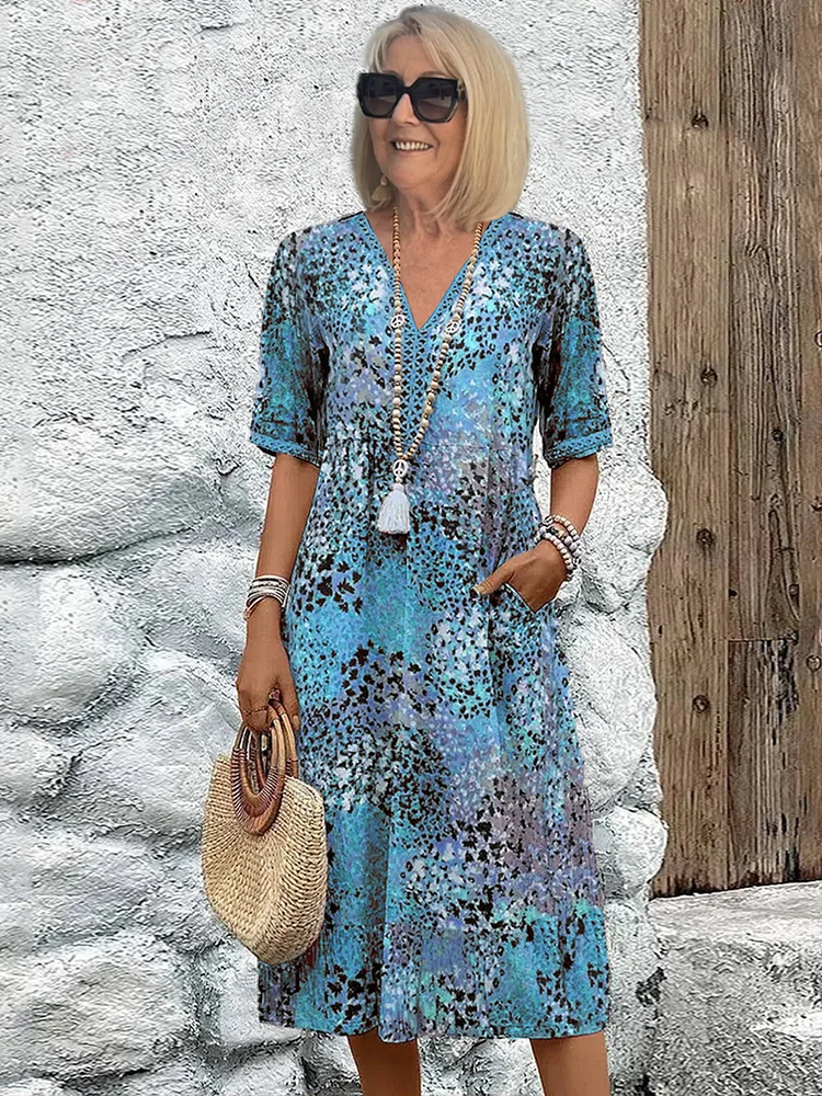 Women’s Casual Printed V-Neck Midi Dress