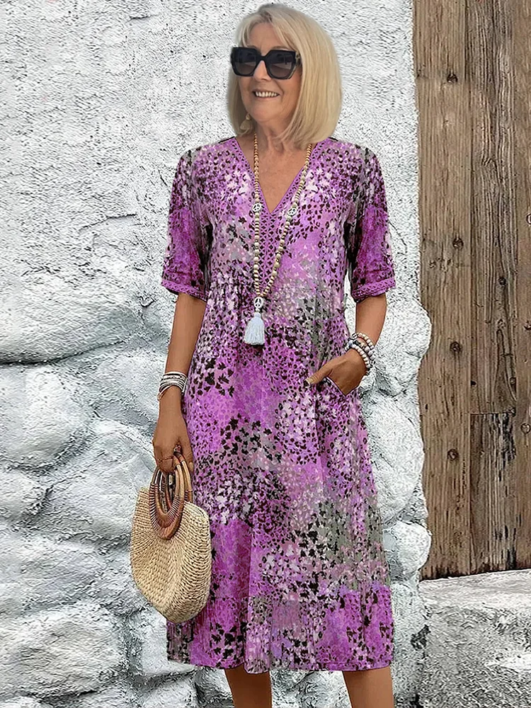 Women’s Casual Printed V-Neck Midi Dress