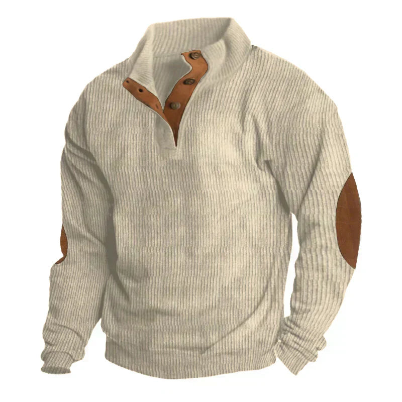 Soft Men's Knitted Sweater with Button Closure and Elbow Patches