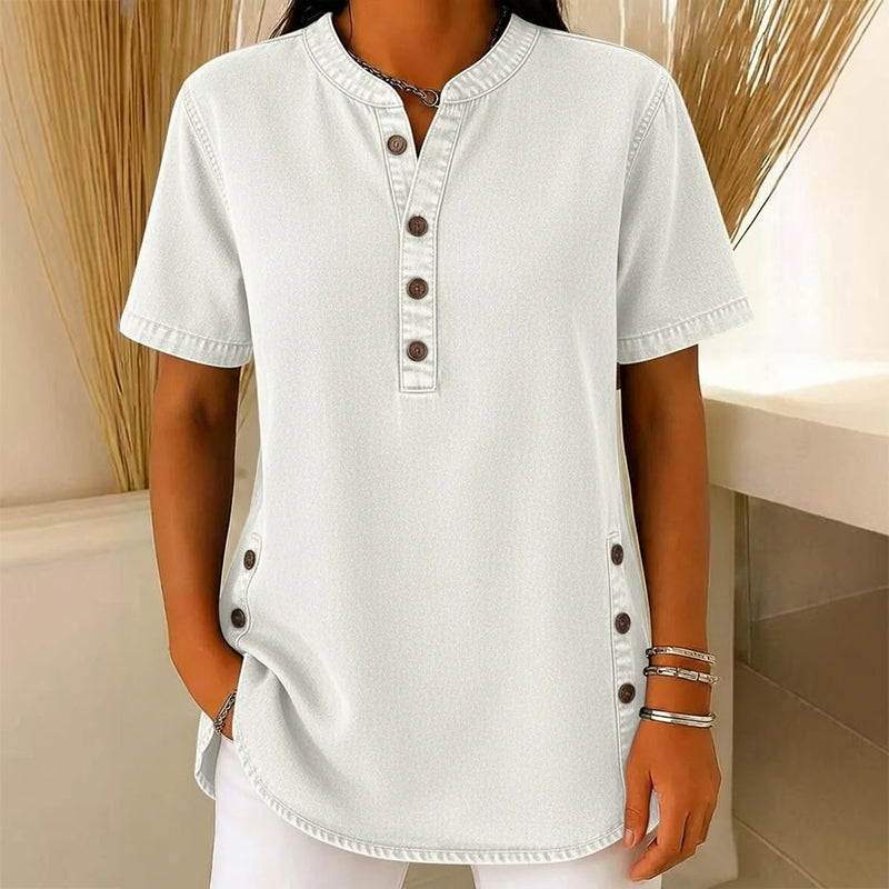 Lightweight Denim Tunic for Women with Short Sleeves and Decorative Buttons