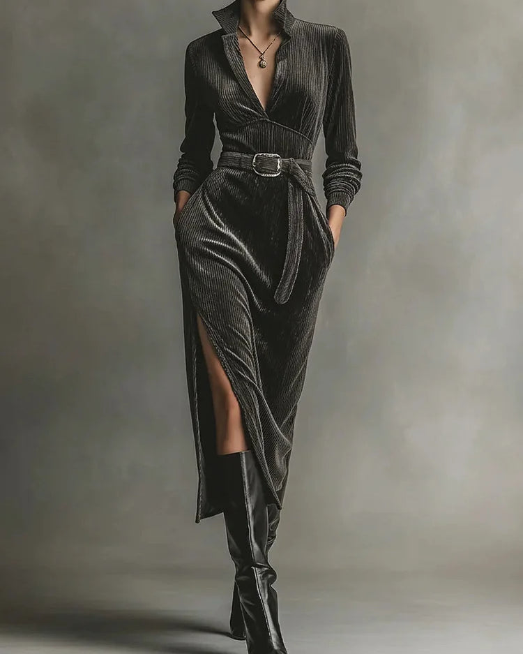 Elegant Corduroy Dress with Neck Tie and Side Slits