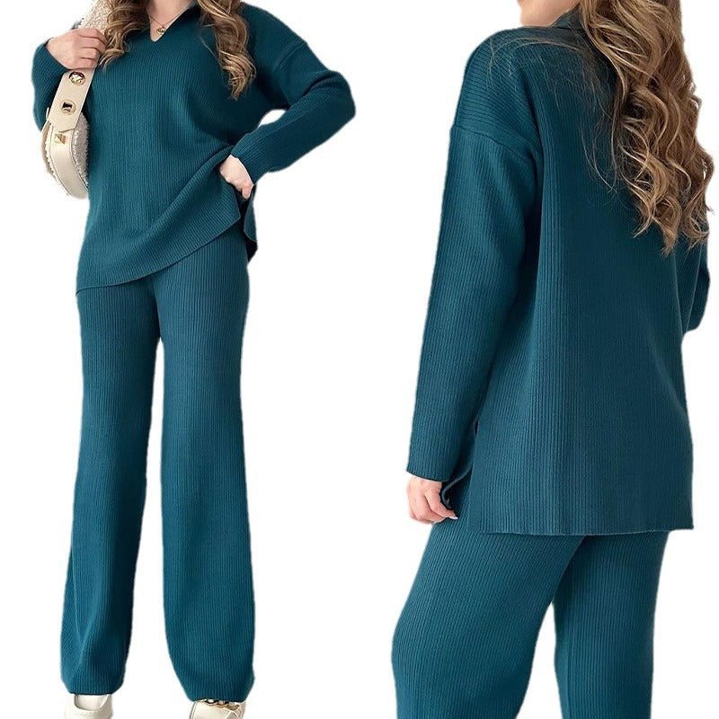 Colorful, trendy sweater with a collar, loose fit, casual, two-piece set