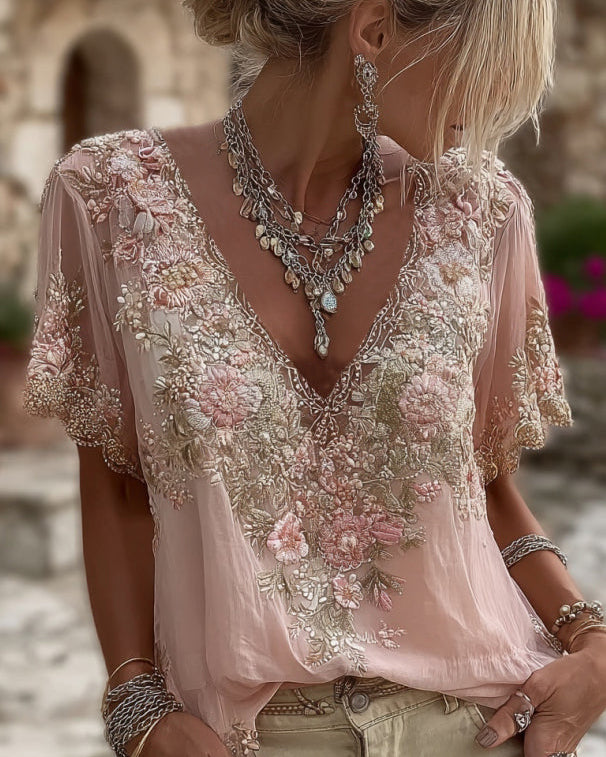 Liora | Linen T-Shirt with Embroidered Flowers