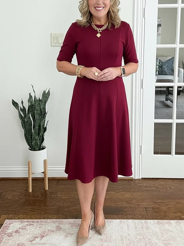 Women's Midi Dress with Short Sleeves and Flared Skirt