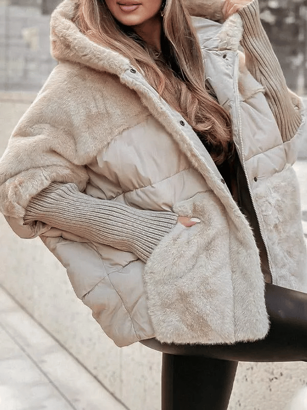 Women's Winter Jacket with Hood, Long Sleeves, and Fur Patchwork