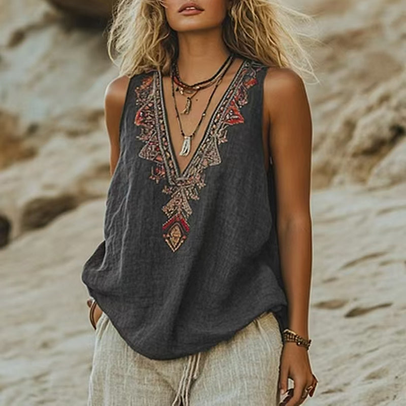 Kallie | Feminine Vintage Tank Top with Ethnic Patterns