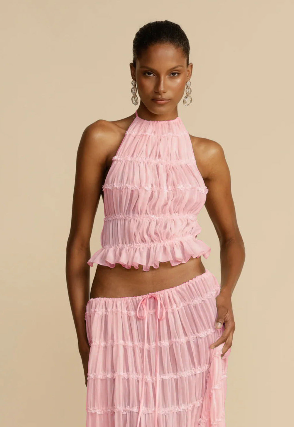 2pcs Women's Dress Suit Sexy Sleeveless Backless Cropped Halter Top