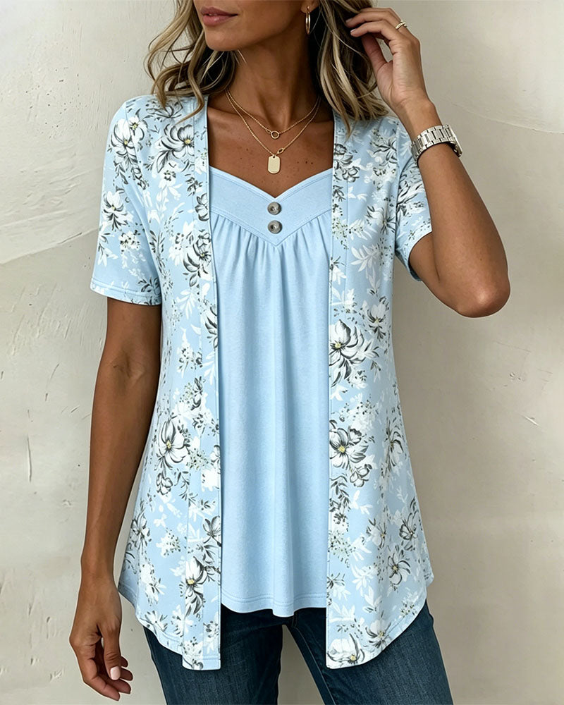 Flower Pattern T-Shirt False Two-Piece