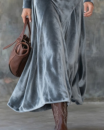 Gray Velvet Maxi Dress with Lapels and Metal Buttons (with belt)