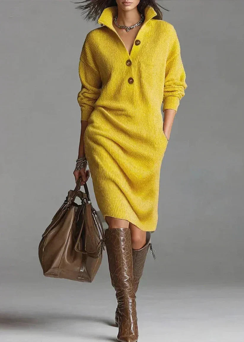 Women's Midi Knit Dress with Collar and Buttons