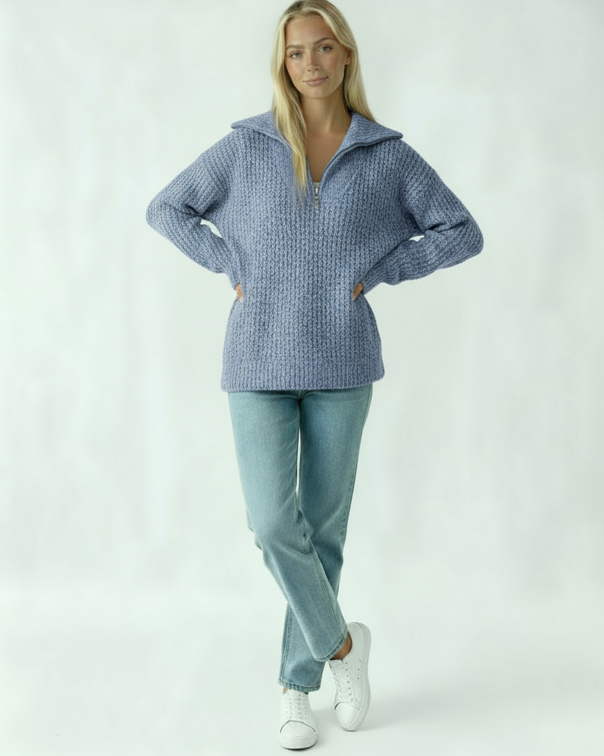 Women's Sweater with Zipper | Thick Knit Sweater with Collar
