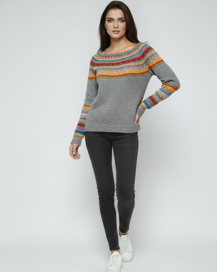 Women's Wool Sweater | Gray Sweater with Colorful Pattern and Round Neck