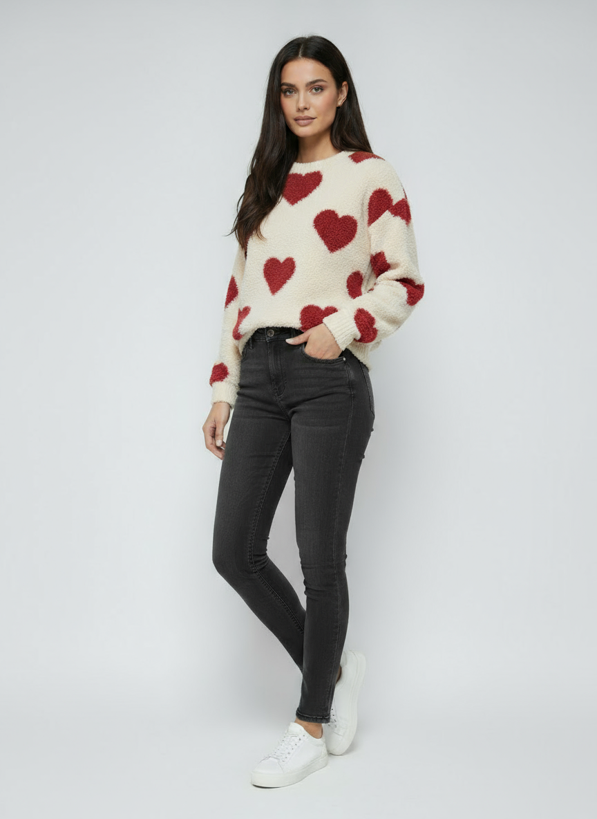 Women's Sweater with Hearts | Soft Sweater with Pattern and Long Sleeves