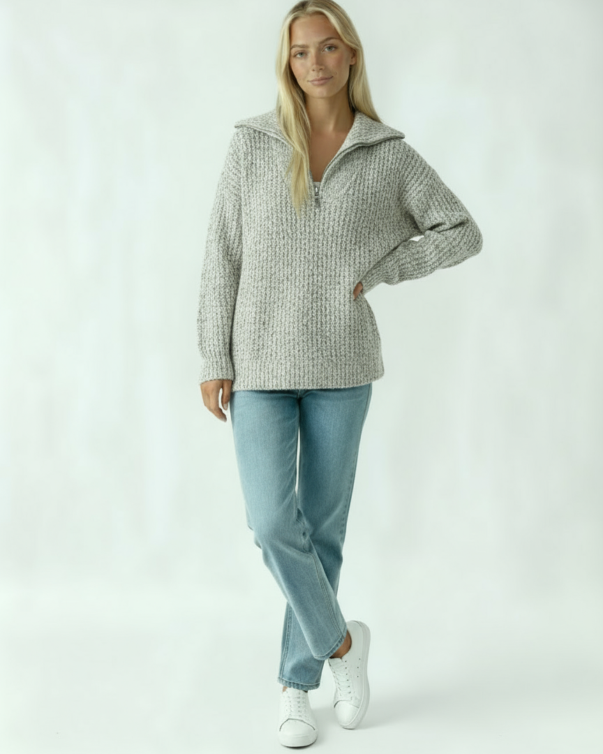 Women's Sweater with Zipper | Thick Knit Sweater with Collar