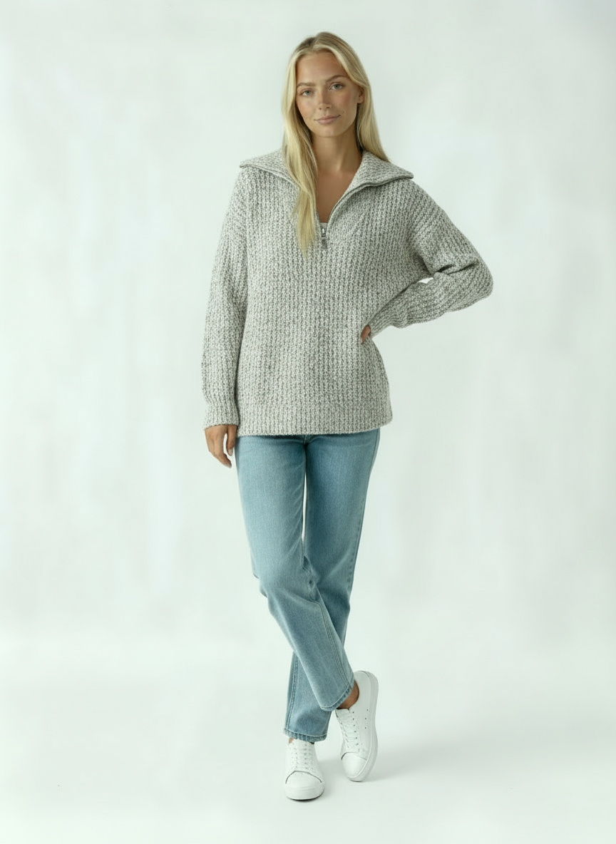 Women's Sweater with Zipper | Thick Knit Sweater with Collar