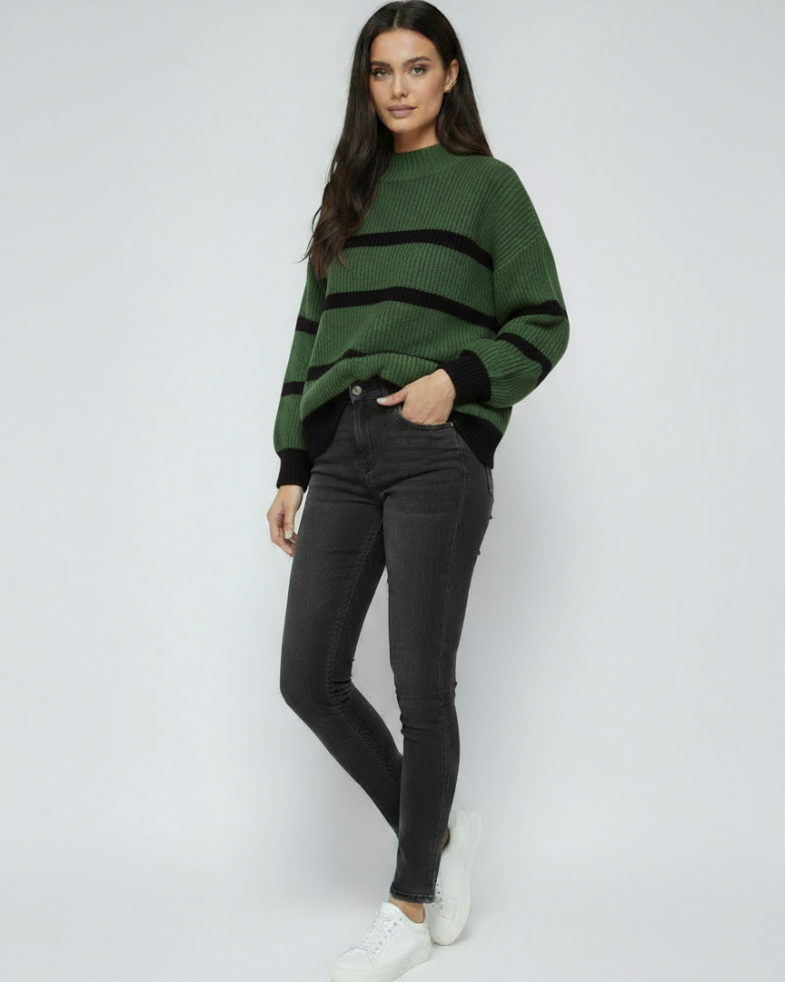Women's Striped Sweater | Thick Oversized Turtleneck with Long Sleeves