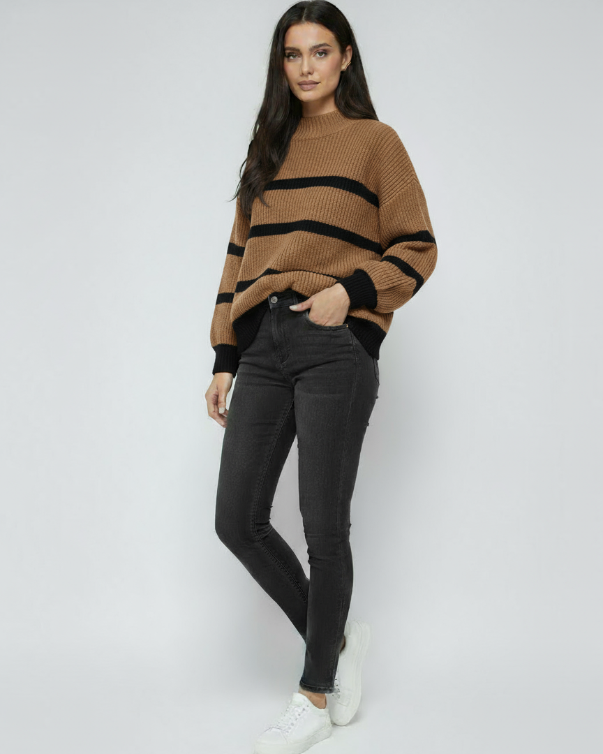 Women's Striped Sweater | Thick Oversized Turtleneck with Long Sleeves