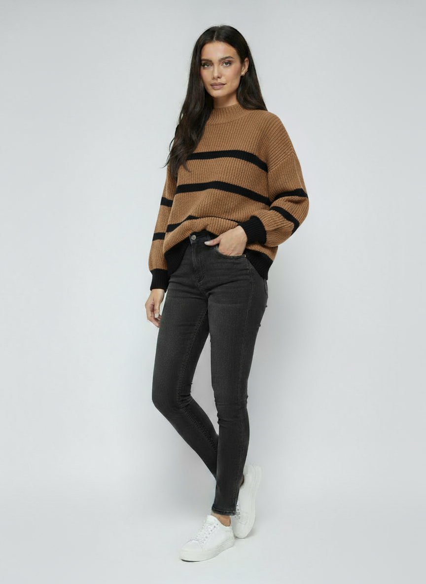 Women's Striped Sweater | Thick Oversized Turtleneck with Long Sleeves