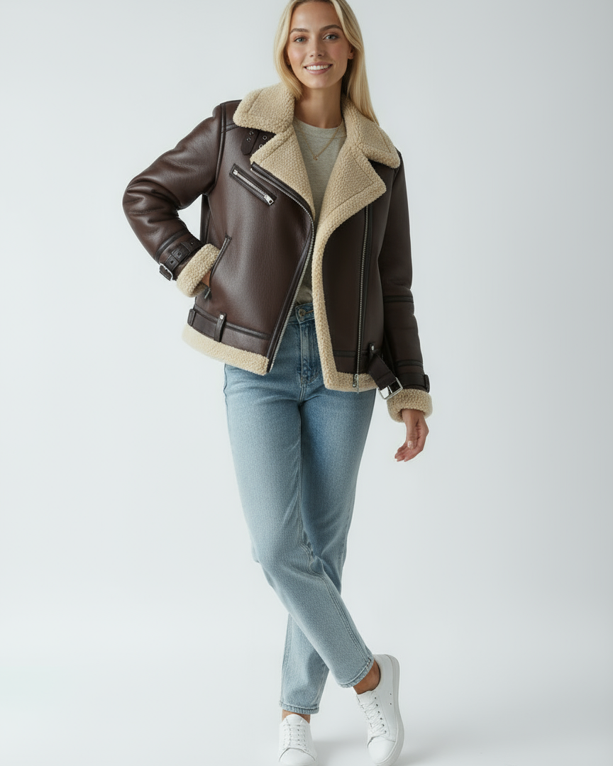 Women's Leather Jacket | Biker with Shearling and Straps