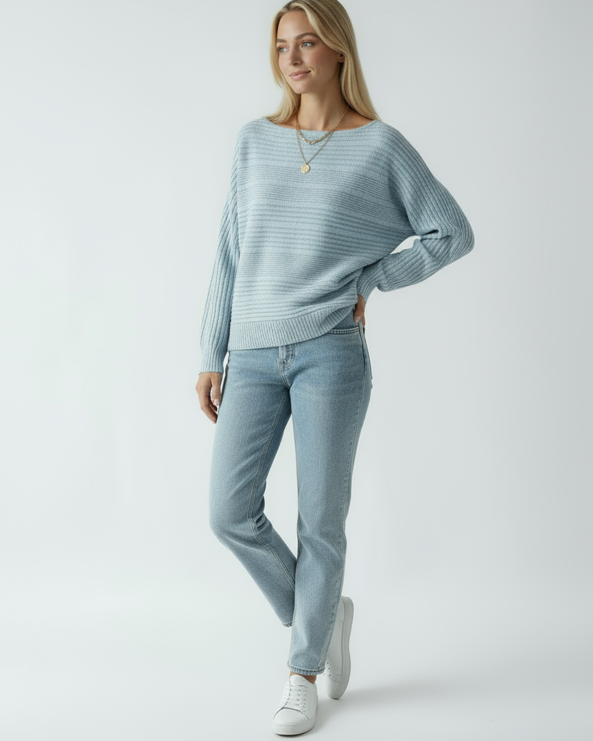 Women's Blue Sweater | Loose Sweater with Delicate Stripes and Boat Neck