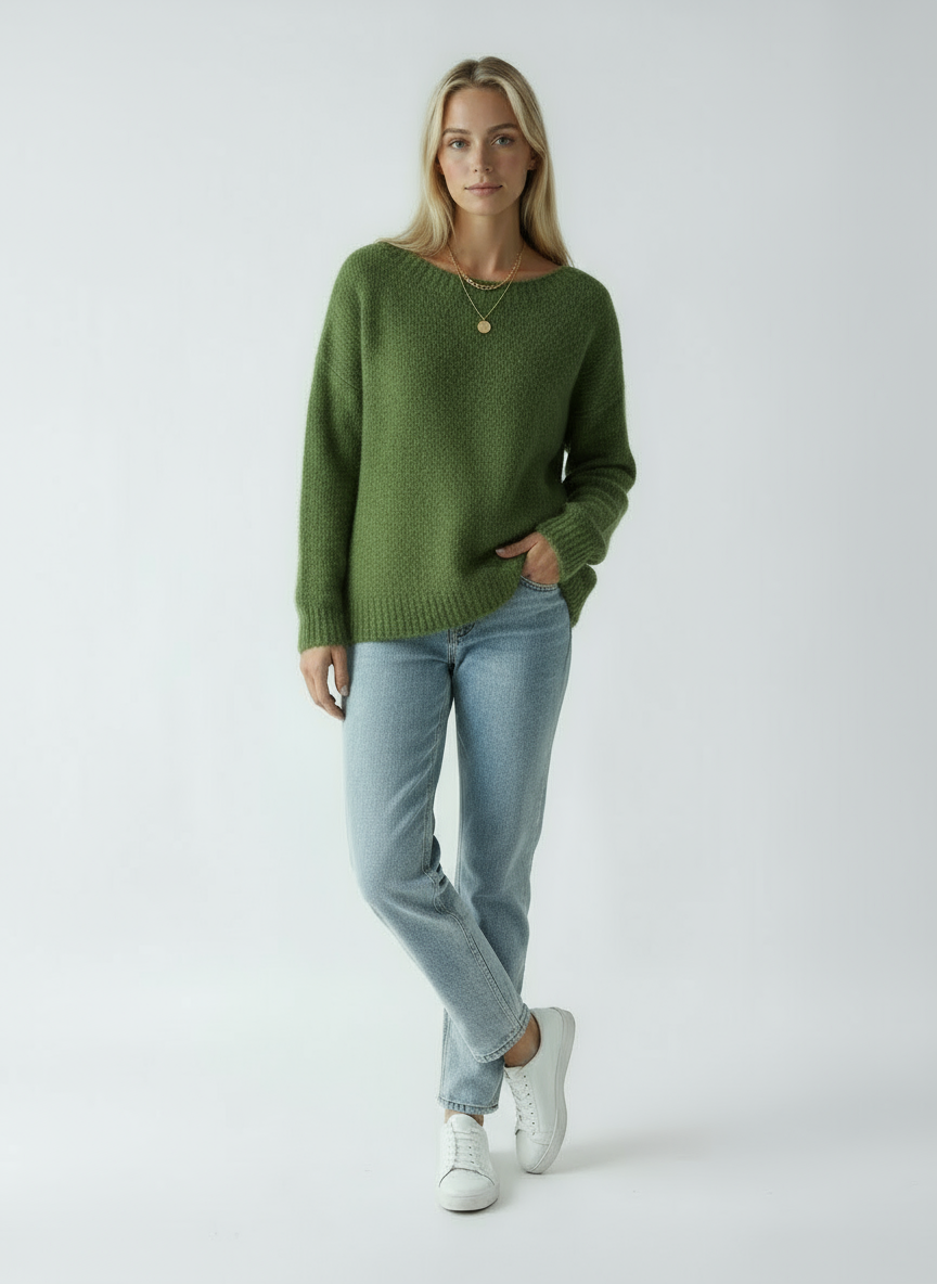 Women's Green Sweater | Soft Knit Sweater with Round Neck