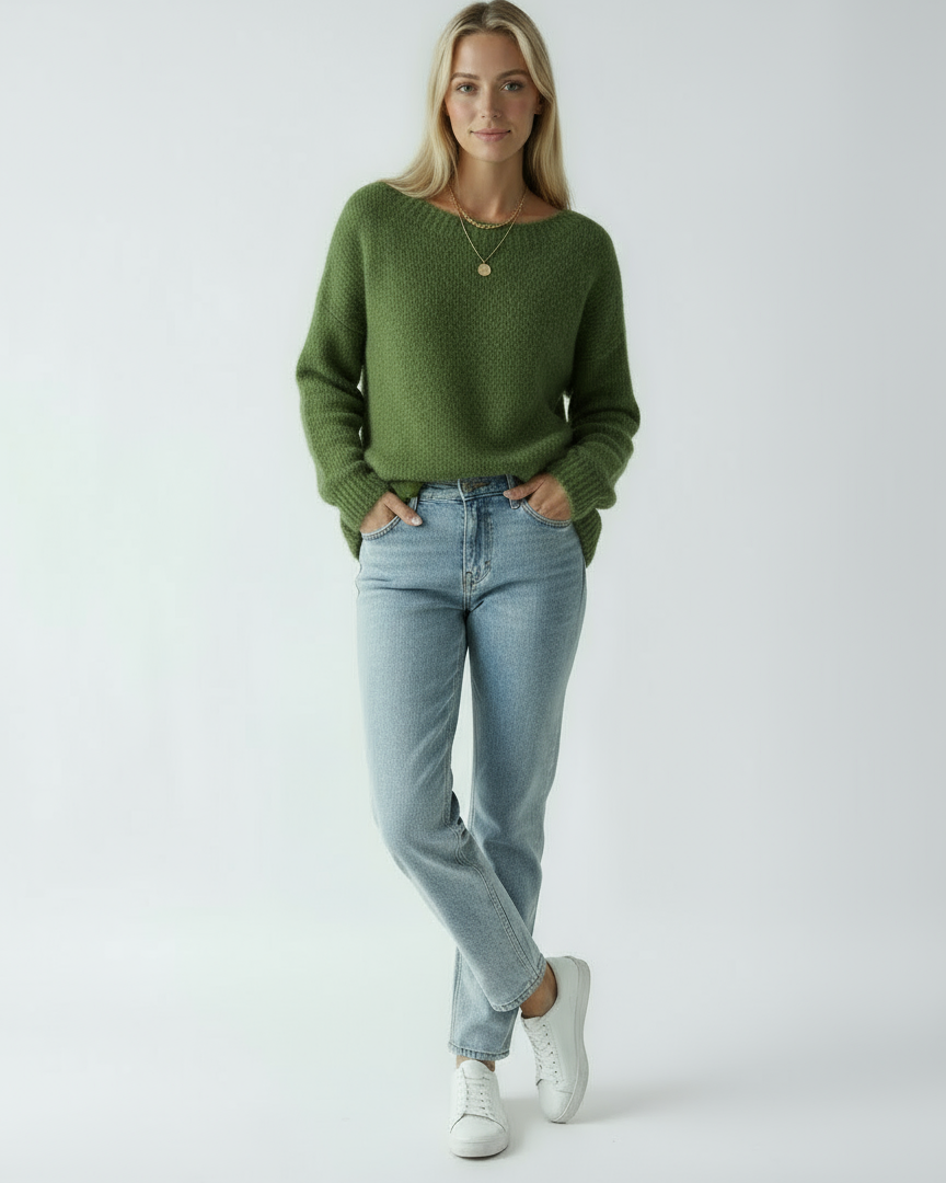 Women's Green Sweater | Soft Knit Sweater with Round Neck