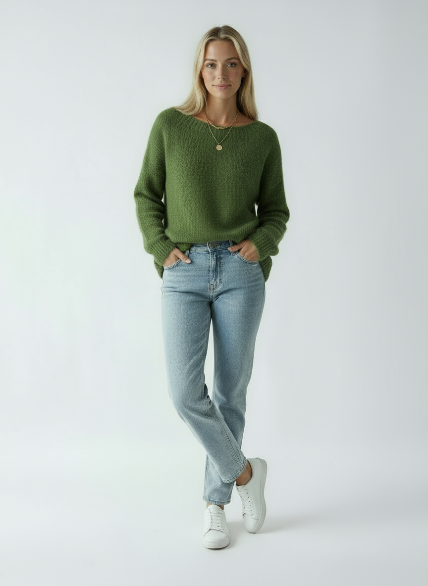 Women's Green Sweater | Soft Knit Sweater with Round Neck
