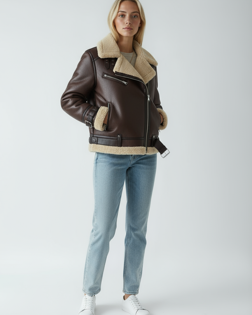 Women's Leather Jacket | Biker with Shearling and Straps