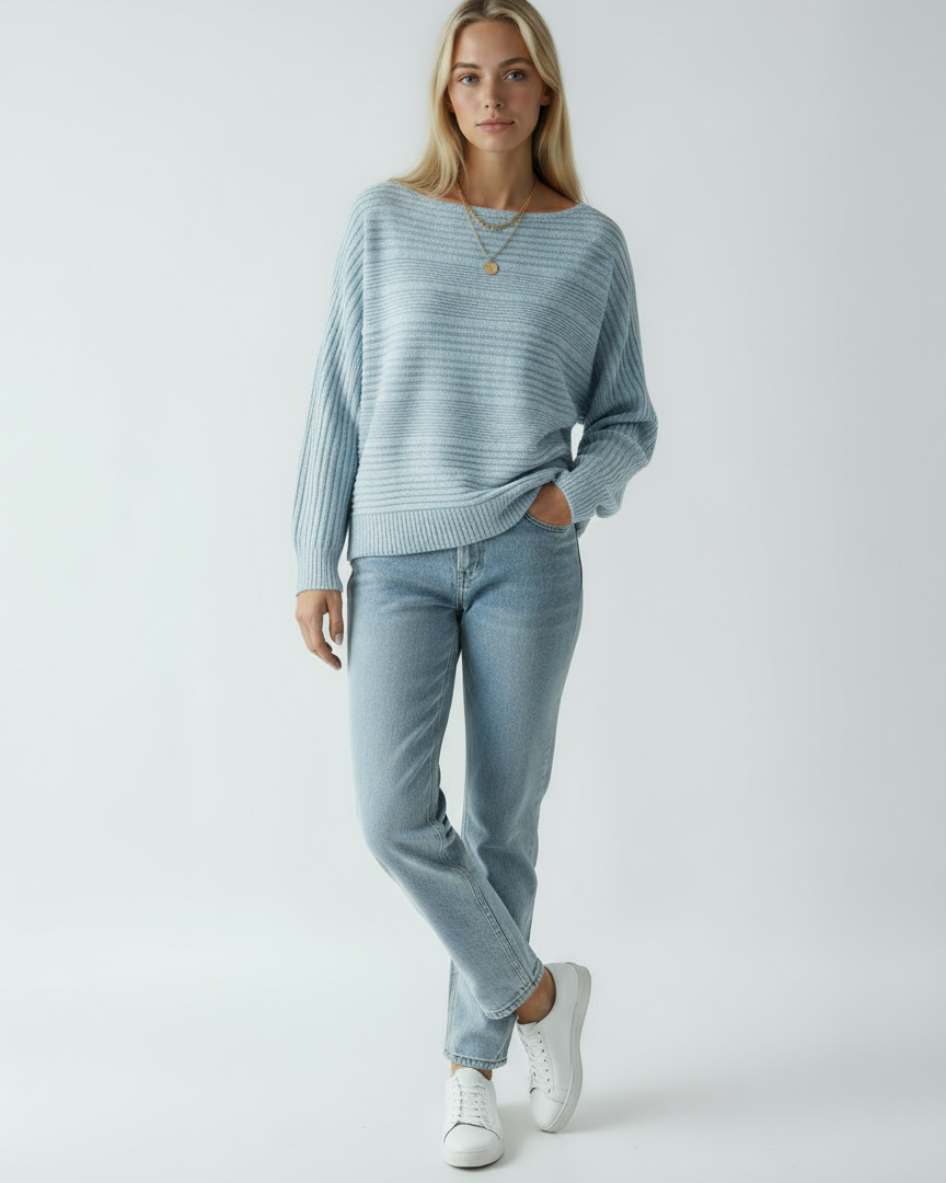 Women's Blue Sweater | Loose Sweater with Delicate Stripes and Boat Neck
