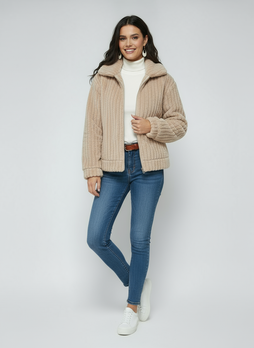 Women's Jacket | Soft Short Jacket with Fur and Zipper
