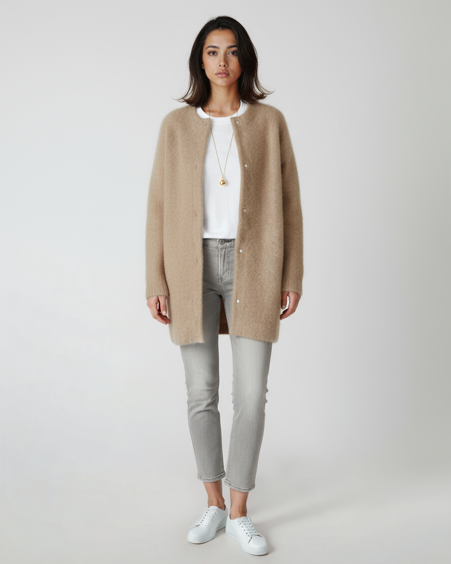 Women's Cardigan | Long Wool Sweater with Button Closure