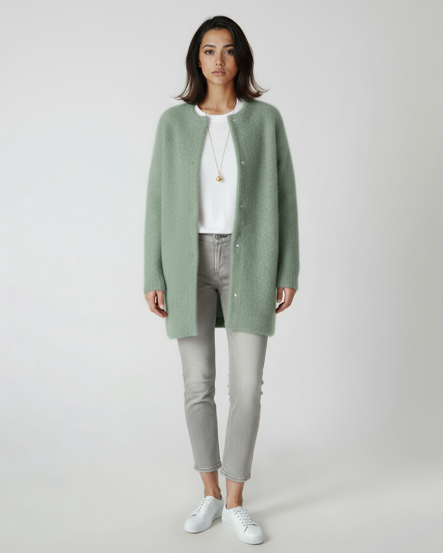 Women's Cardigan | Long Wool Sweater with Button Closure