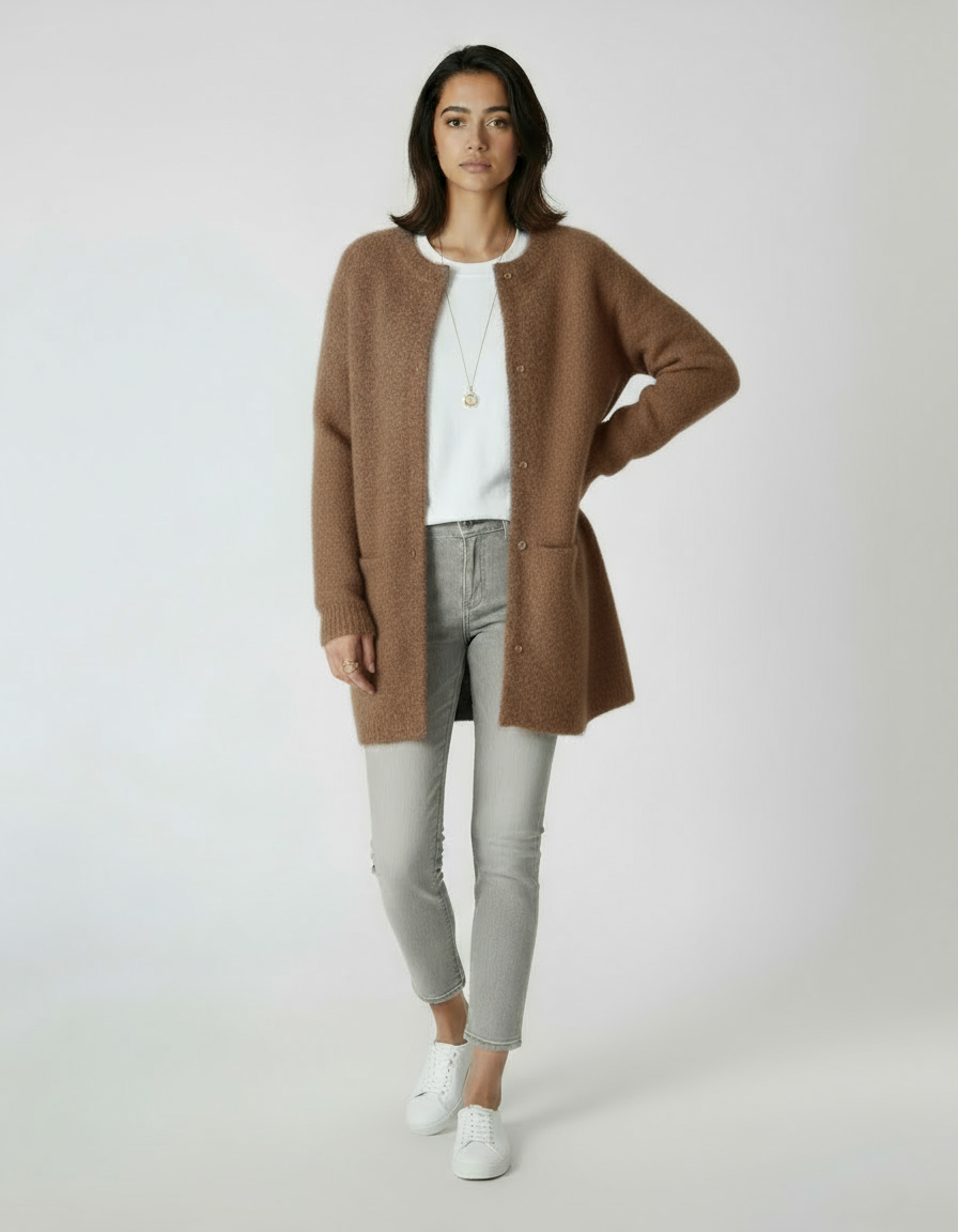 Women's Cardigan | Long Wool Sweater with Button Closure