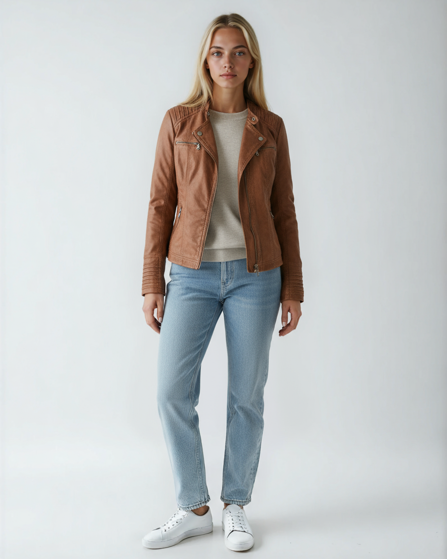 Women's Biker Jacket | Leather Jacket with Zippers and Stand-Up Collar
