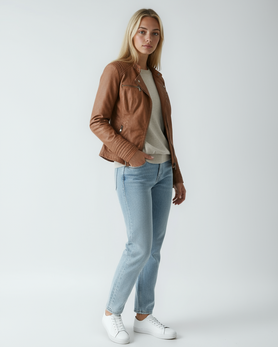 Women's Biker Jacket | Leather Jacket with Zippers and Stand-Up Collar