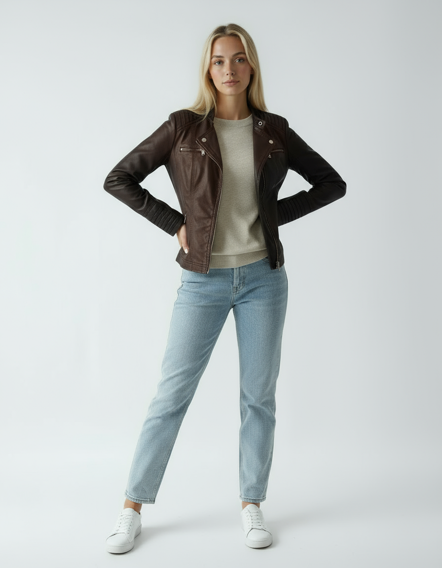 Women's Biker Jacket | Leather Jacket with Zippers and Stand-Up Collar
