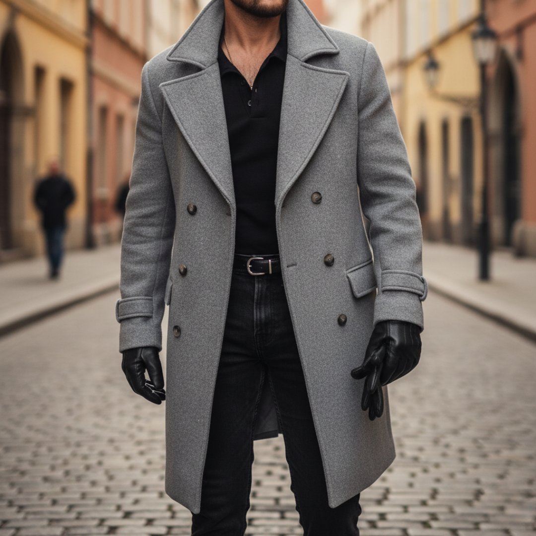 Men's Coat | Elegant Double-Breasted Long with Lapels