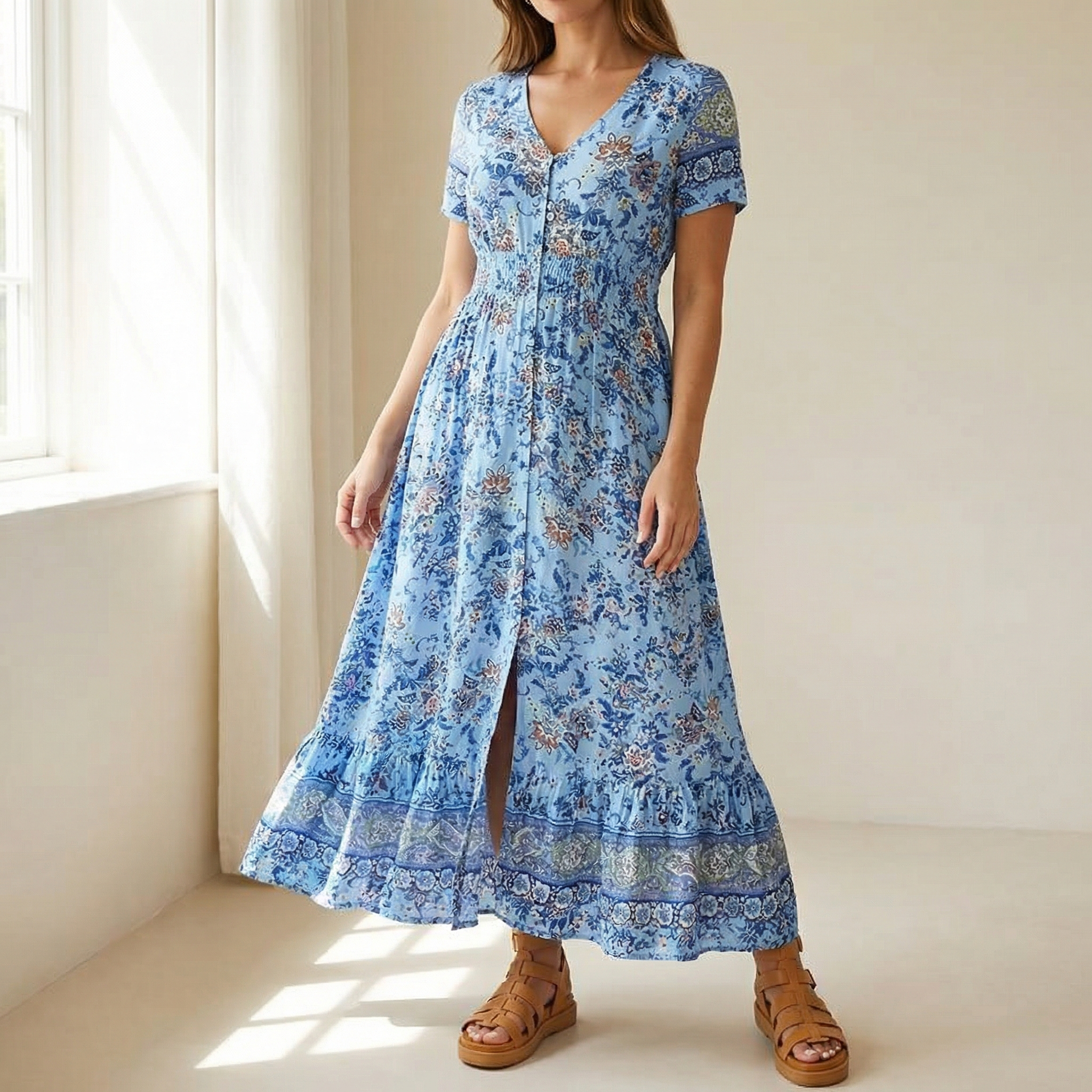 Women's Maxi Floral Dress with V-Neck and Short Sleeves