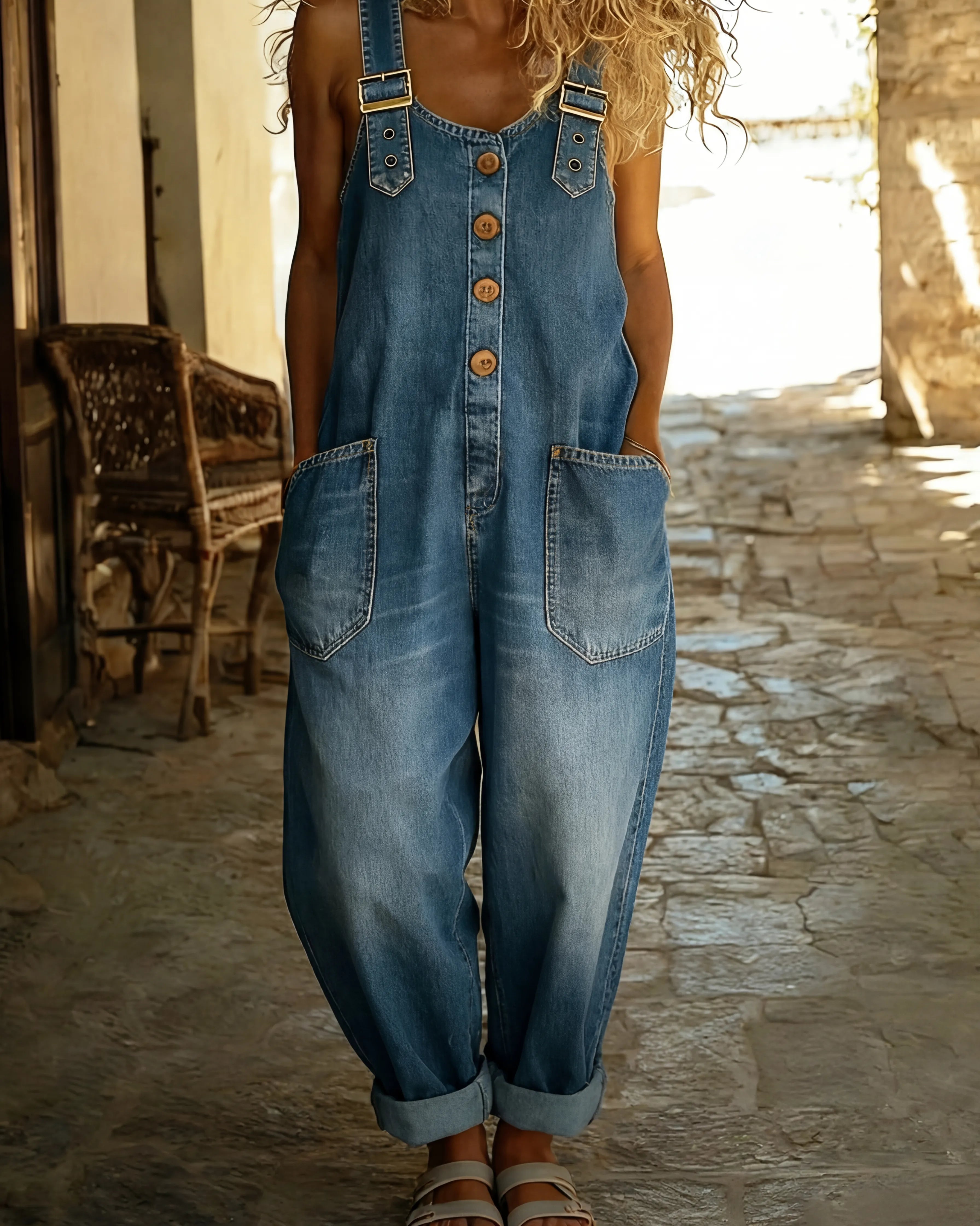 Rocio™ - Casual denim jumpsuit with adjustable buckle.