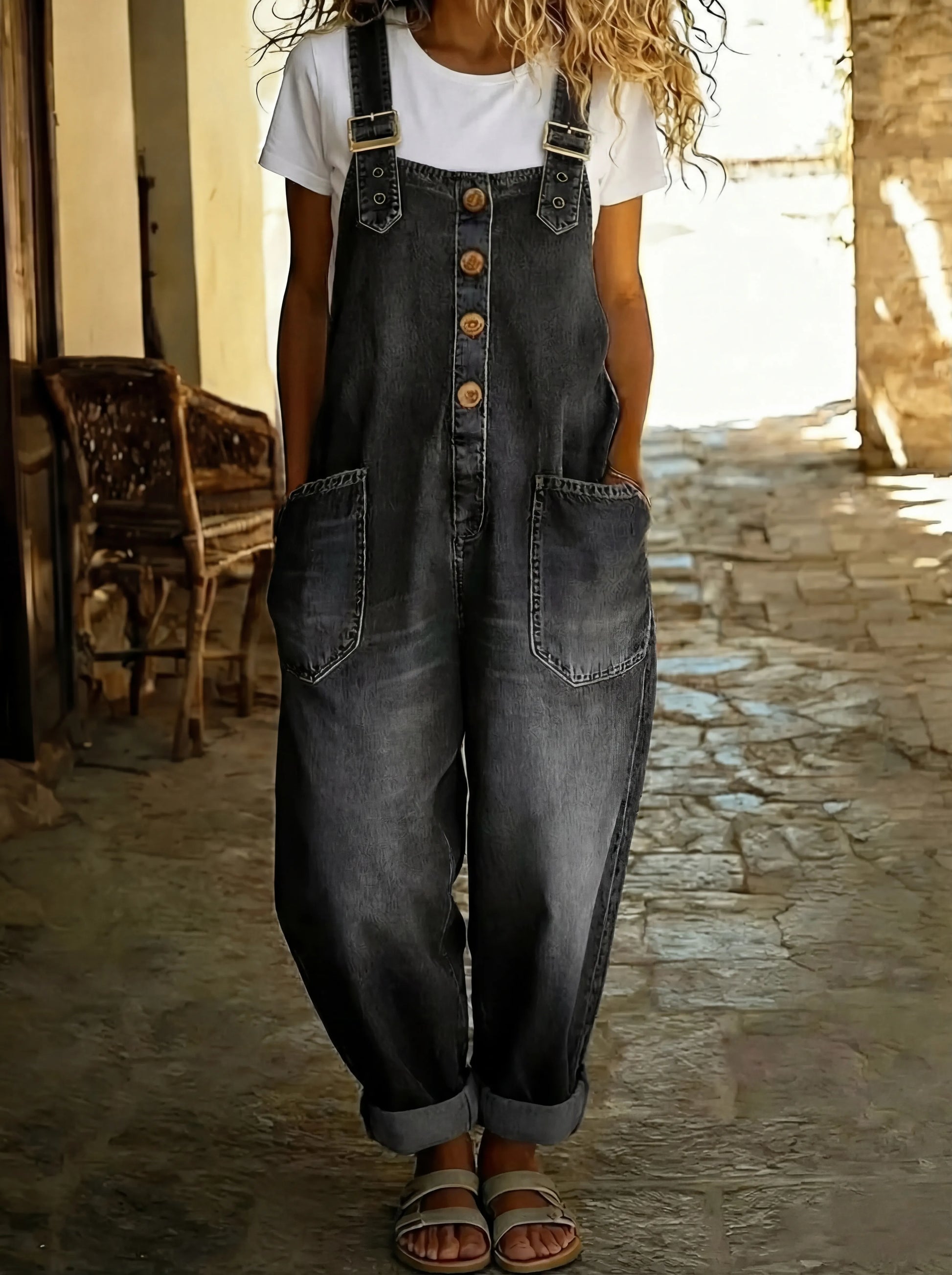 Rocio™ - Casual denim jumpsuit with adjustable buckle.